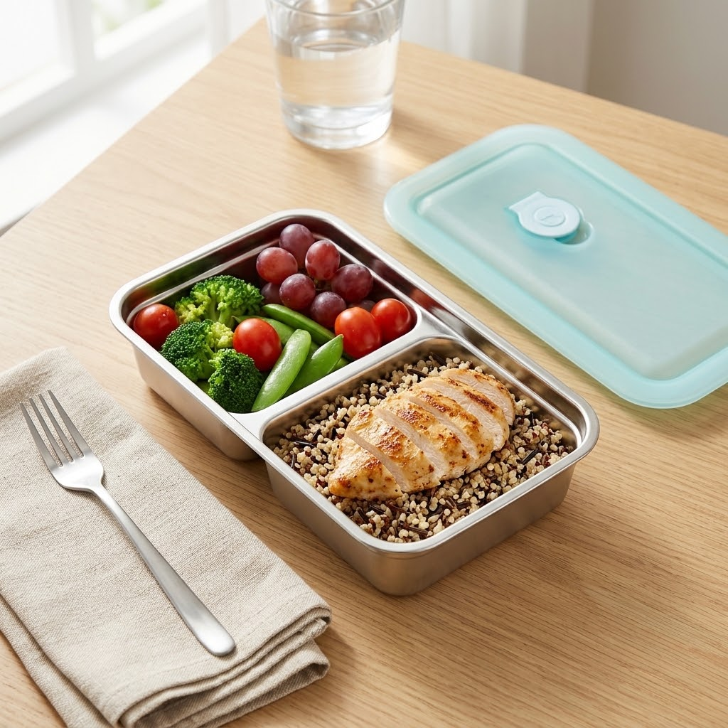Steely stainless steel food container in everyday use