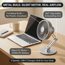 Metal Desktop Fan — Silent DC Motor, 2200mAh, 360° Tilt, 3 Speeds