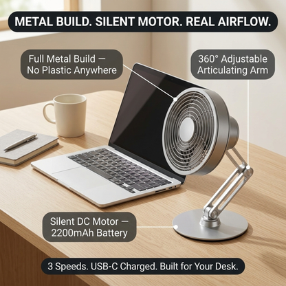 Metal Desktop Fan — Silent DC Motor, 2200mAh, 360° Tilt, 3 Speeds