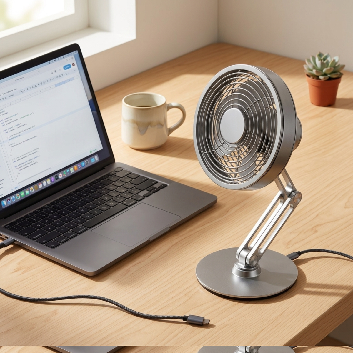 Metal Desktop Fan — Silent DC Motor, 2200mAh, 360° Tilt, 3 Speeds