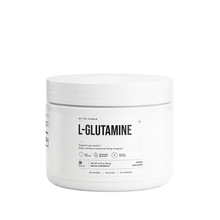 A white plastic jar of Better Human L-Glutamine dietary supplement powder on a solid white background.