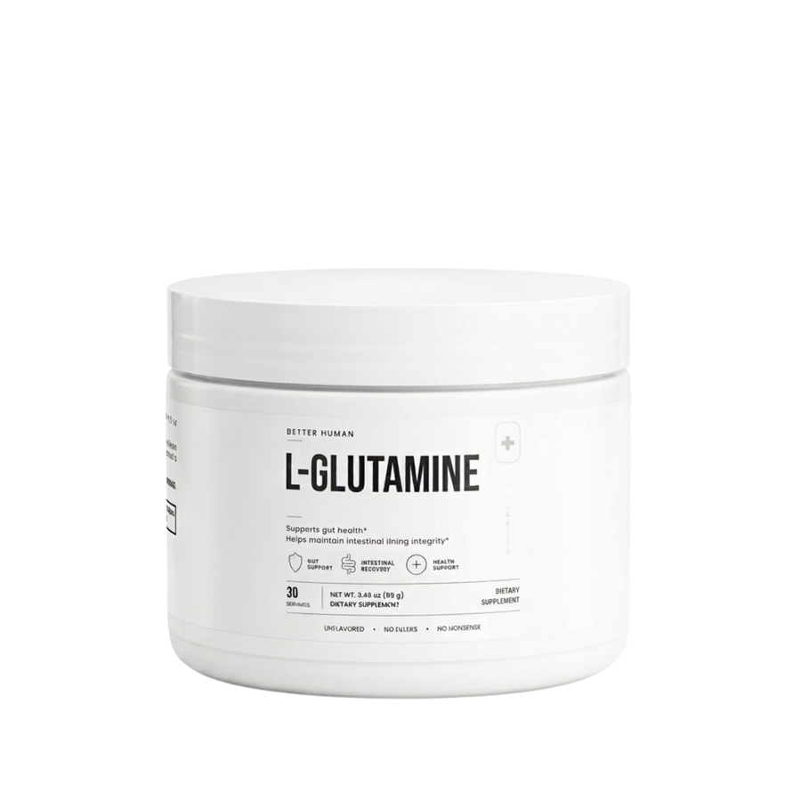A white plastic jar of Better Human L-Glutamine dietary supplement powder on a solid white background.
