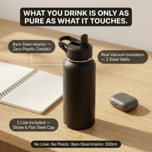 Steely Vacuum Flask — Plastic-Free, Bare Steel Interior, No Liner, 500ml & 1000ml