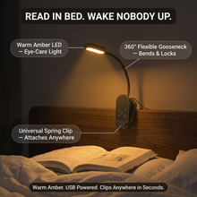 Clip-On Amber Reading Light — Eye-Care, 360° Gooseneck, Warm LED, USB Powered