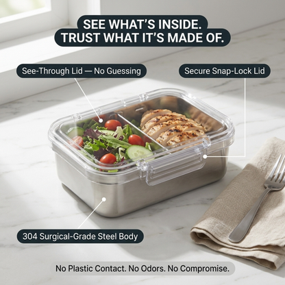 Stainless Steel Food Container — Plastic-Free, Clear See-Through Lid