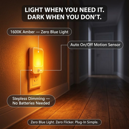 Motion Sensor Amber Night Light — Zero Blue Light, 1600K, Auto On/Off, Plug-In