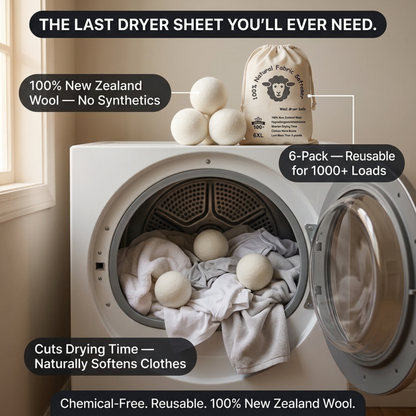 XL Wool Dryer Balls — 100% New Zealand Wool, Chemical-Free, 6-Pack