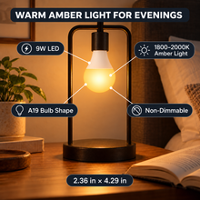 9W A19 LED bulb creating a warm amber glow with hybrid callouts