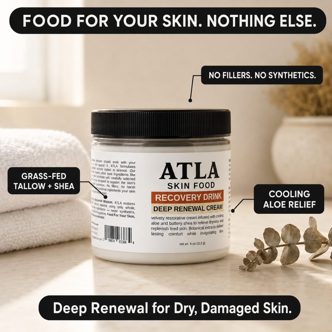 A jar of ATLA Skin Food Recovery Drink Deep Renewal Cream is shown on a tabletop with text callouts highlighting key ingredients and benefits. The jar is white with a black lid and features a label with orange and black text.