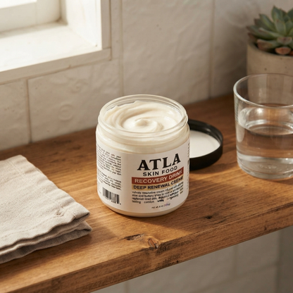 A jar of ATLA Skin Food Recovered Orange Deep Renewal Cream sits on a rustic wooden shelf next to a folded beige towel, a glass of water, and a small potted succulent.