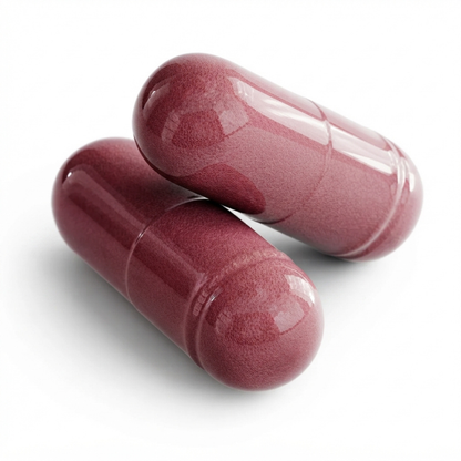 Two glossy dark red-brown capsules overlapping on a clean white background.