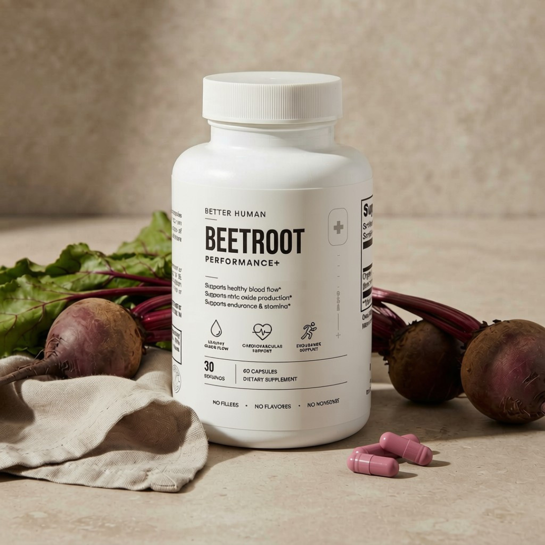 A white bottle of Better Human Beetroot Performance+ dietary supplement capsules, styled on a beige stone surface with fresh beets, green leaves, and two pink capsules.