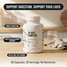 A white bottle of Better Human Ox Bile Complex dietary supplement placed on a wooden table with a glass of water and cloth in the background. Black text banners surround the product with claims like 'SUPPORT DIGESTION.