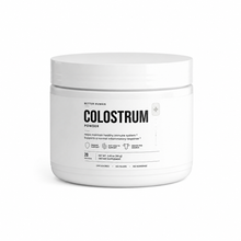 A white plastic tub of Better Human Colostrum Powder on a clean white background.