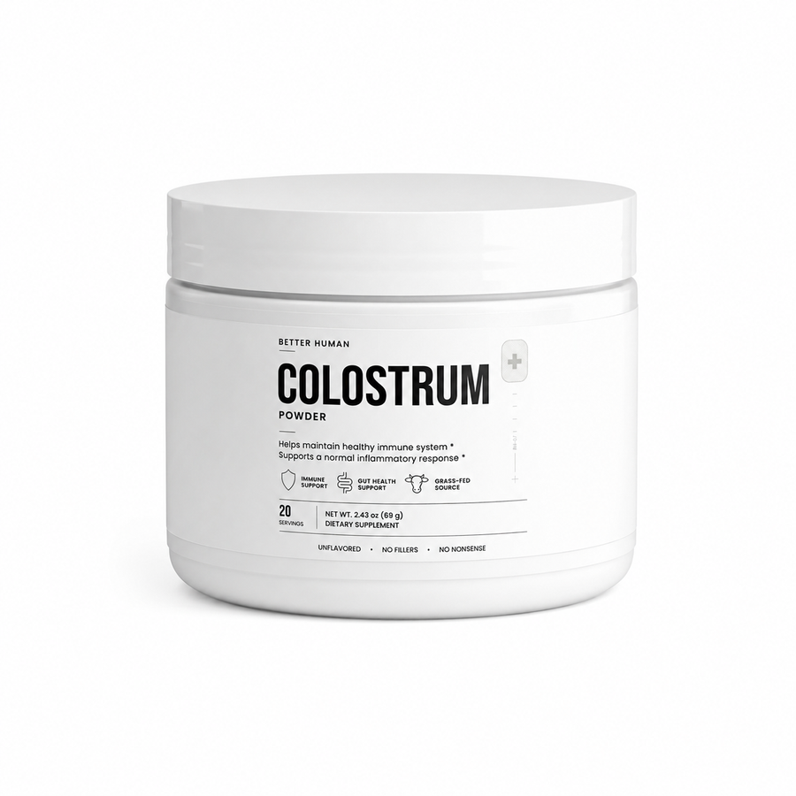 A white plastic tub of Better Human Colostrum Powder on a clean white background.