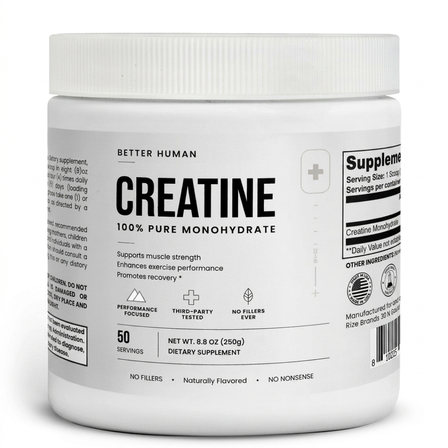 A white plastic tub of Better Human Creatine dietary supplement on a clean white background.