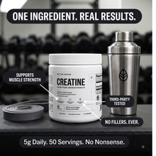 A white tub of Better Human Creatine 100% Pure Monohydrate supplement shown on a gym counter beside a stainless steel shaker bottle, with promotional text overlays.