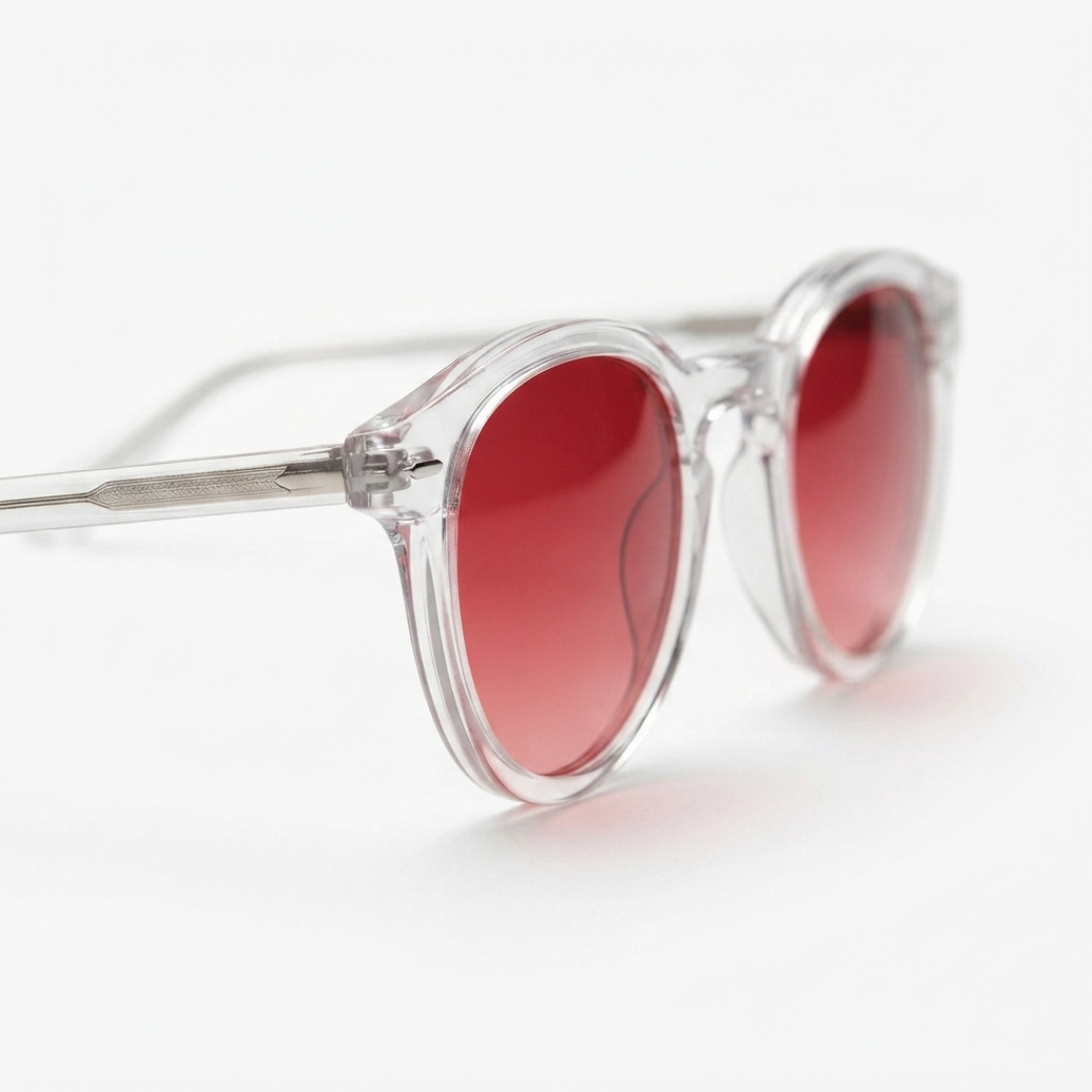 Round sunglasses with translucent clear frames and red gradient lenses, shown on a clean white background.