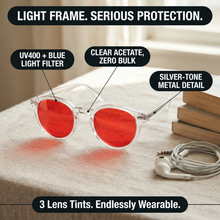 Clear-framed sunglasses with red-tinted lenses displayed on a beige fabric surface, with overlaid callout labels describing features: UV400 + blue light filter, clear acetate zero bulk, silver-tone metal detail, and 3 lens tints. Books and earbuds are visible as props.