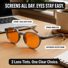 Blue Light Blocking Glasses — Luna, UV400, 3-Lens System, Transparent Gray Frame