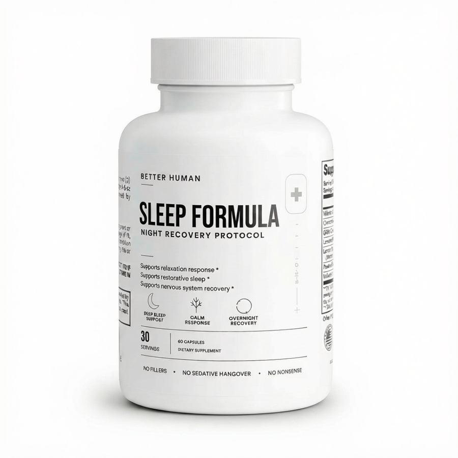 A white plastic bottle of Better Human Sleep Formula Night Recovery Protocol dietary supplement, shown on a clean white background.