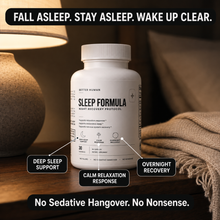 A white bottle of Better Human Sleep Formula is displayed on a wooden table in a cozy bedroom setting with a lit lamp and blanket. Text overlays highlight key benefits: 'Deep Sleep Support', 'Calm Relaxation Response', and 'Overnight Recovery'.