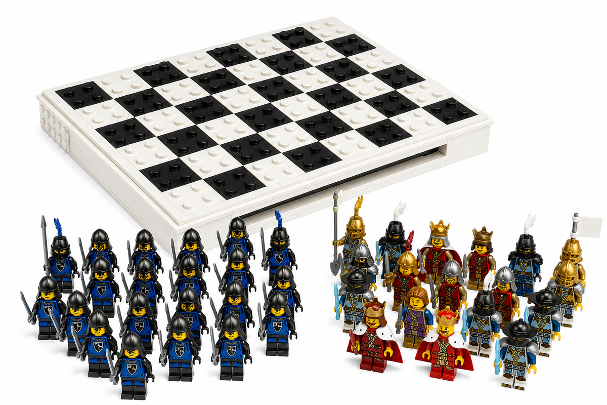 A LEGO toy chess set with a white and black checkered board, multiple minifigures, and assorted pieces arranged on a white background.