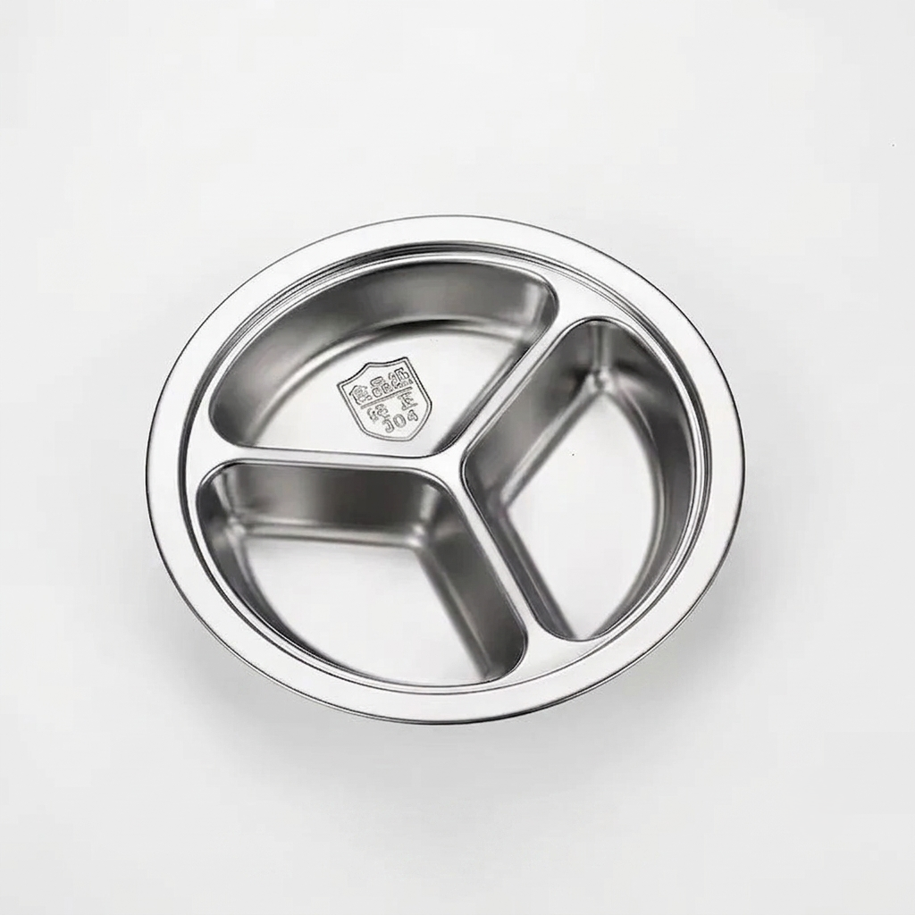 A stainless steel divided child's meal tray with three compartments, shown from a top-down perspective on a light white background.