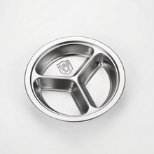 A stainless steel divided child's meal tray with three compartments, shown from a top-down perspective on a light white background.