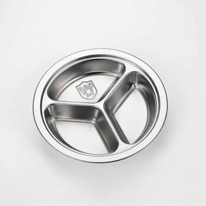 A stainless steel divided child's meal tray with three compartments, shown from a top-down perspective on a light white background.