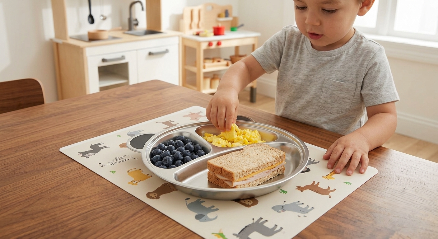 A child sitting at a wooden table, using a metal divided plate placed on a printed animal-themed placemat. The plate contains blueberries, scrambled eggs, and a sandwich, with the child reaching toward the food in a bright indoor dining room.