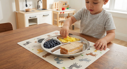 A child sitting at a wooden table, using a metal divided plate placed on a printed animal-themed placemat. The plate contains blueberries, scrambled eggs, and a sandwich, with the child reaching toward the food in a bright indoor dining room.