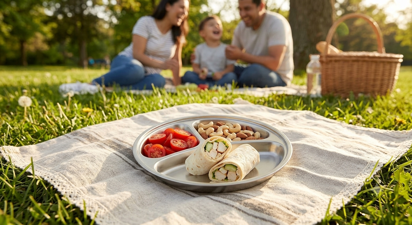 Steely Kids divided plate used outdoors at a picnic with healthy food portions in each compartment.