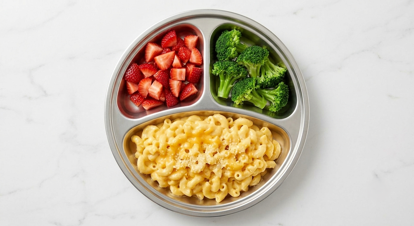 Top-down view of Steely Kids stainless steel divided plate showing three food compartments.
