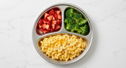 Top-down view of Steely Kids stainless steel divided plate showing three food compartments.