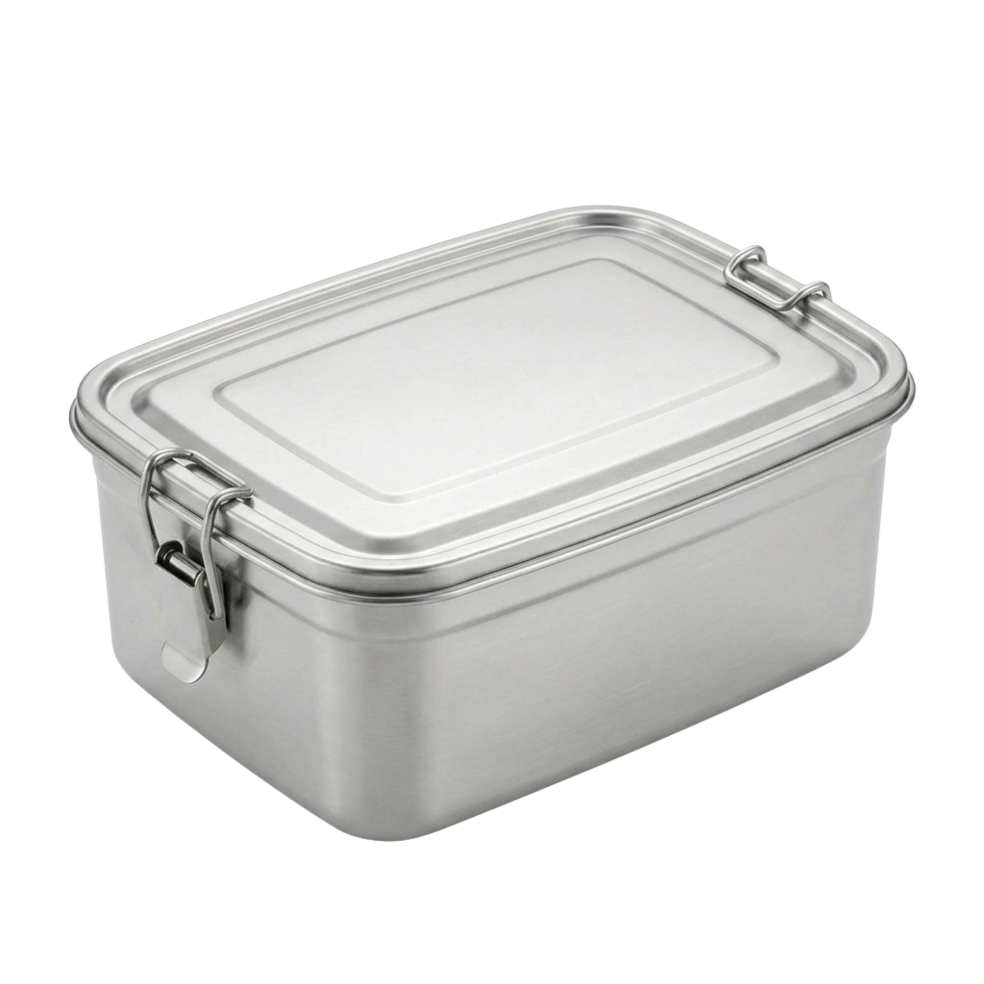 A rectangular stainless steel lunch box with a fitted lid and two metal latch closures, shown on a plain white background.