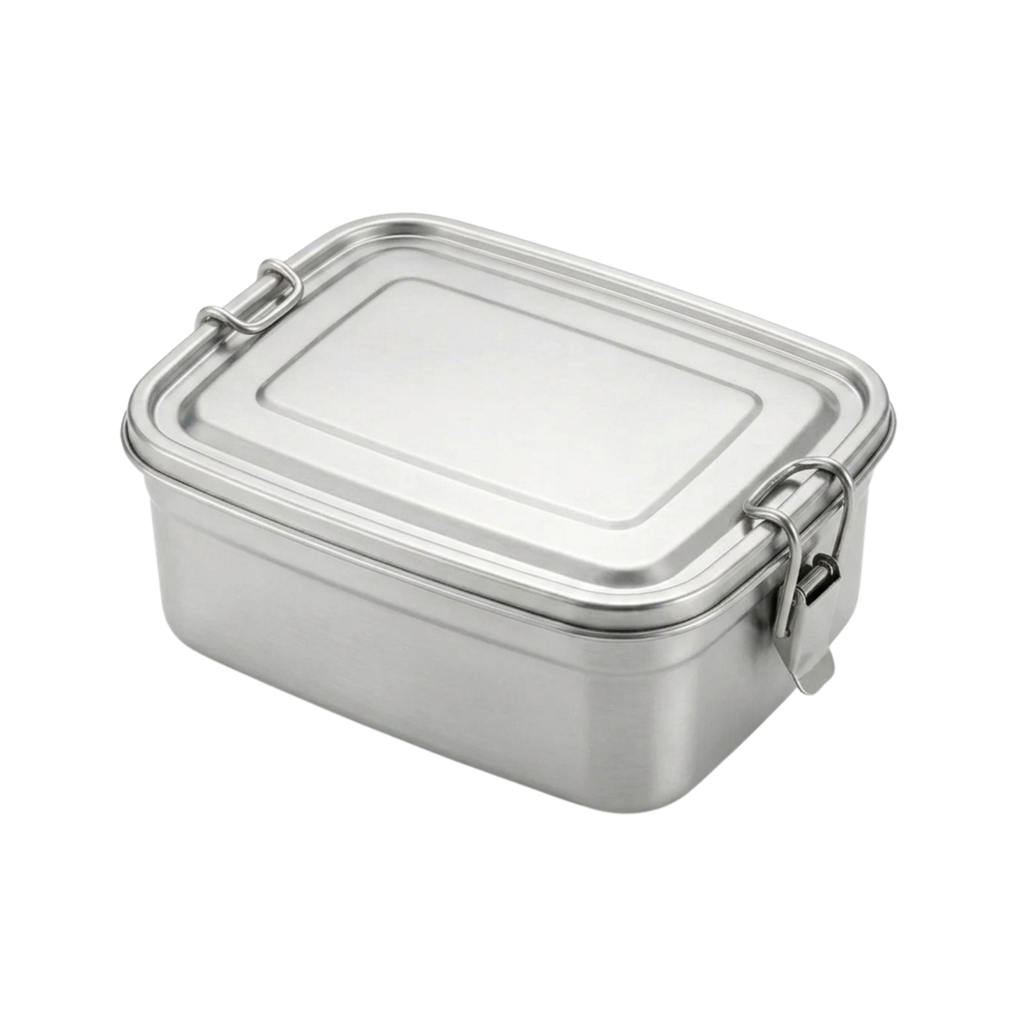 A rectangular stainless steel lunch box with a secure latched metal lid, shown on a plain white background.
