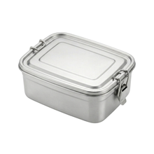 A rectangular stainless steel lunch box with a secure latched metal lid, shown on a plain white background.