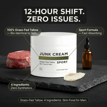 ATLA Junk Cream Sport tallow skin cream shown in a lifestyle setting with product callouts