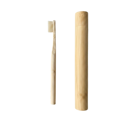 Boar Bristle Toothbrush — Single + Travel Case, feature highlight showing natural keratin, plastic-free bristles, and no nylon.