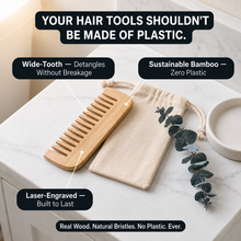 Bamboo Hair & Scalp Tools — Real Wood, Natural Bristles, 4 Styles