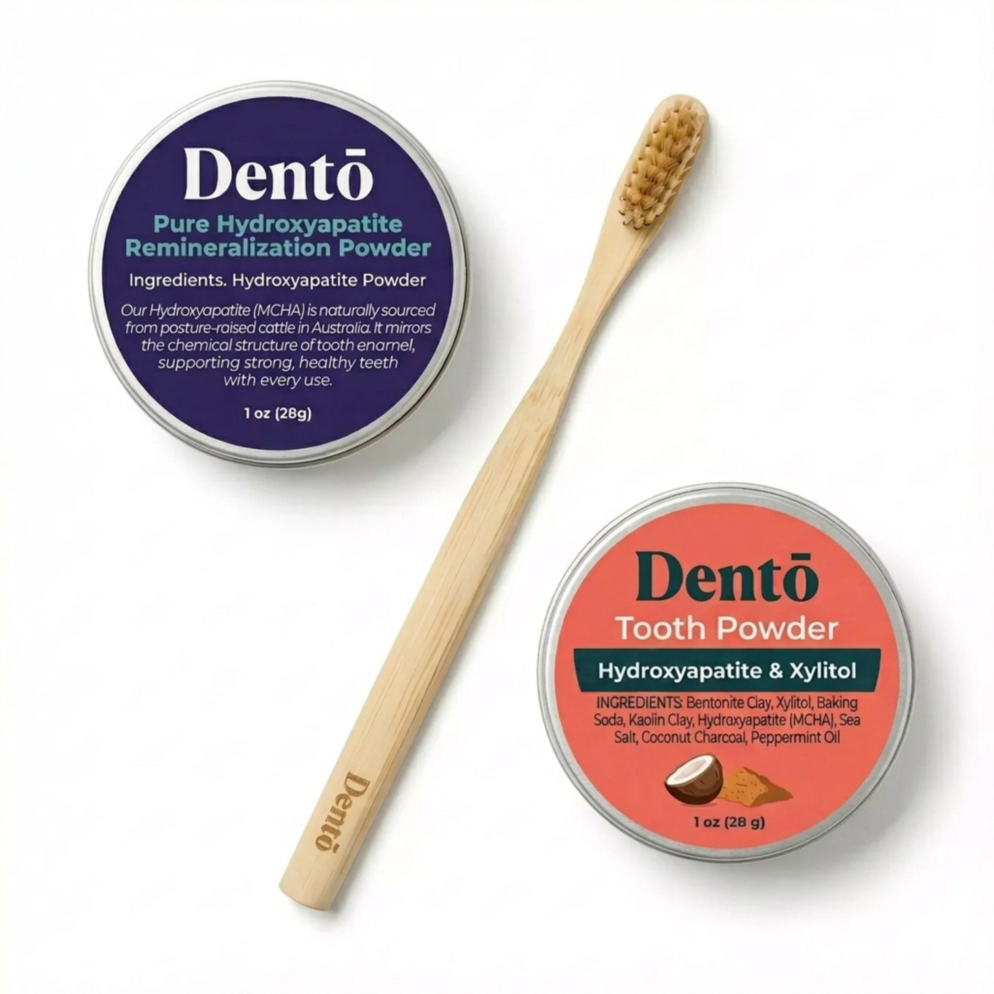 Dentō Complete Oral Care Bundle 3-piece set with tooth powder, MCHA powder, and boar bristle toothbrush.