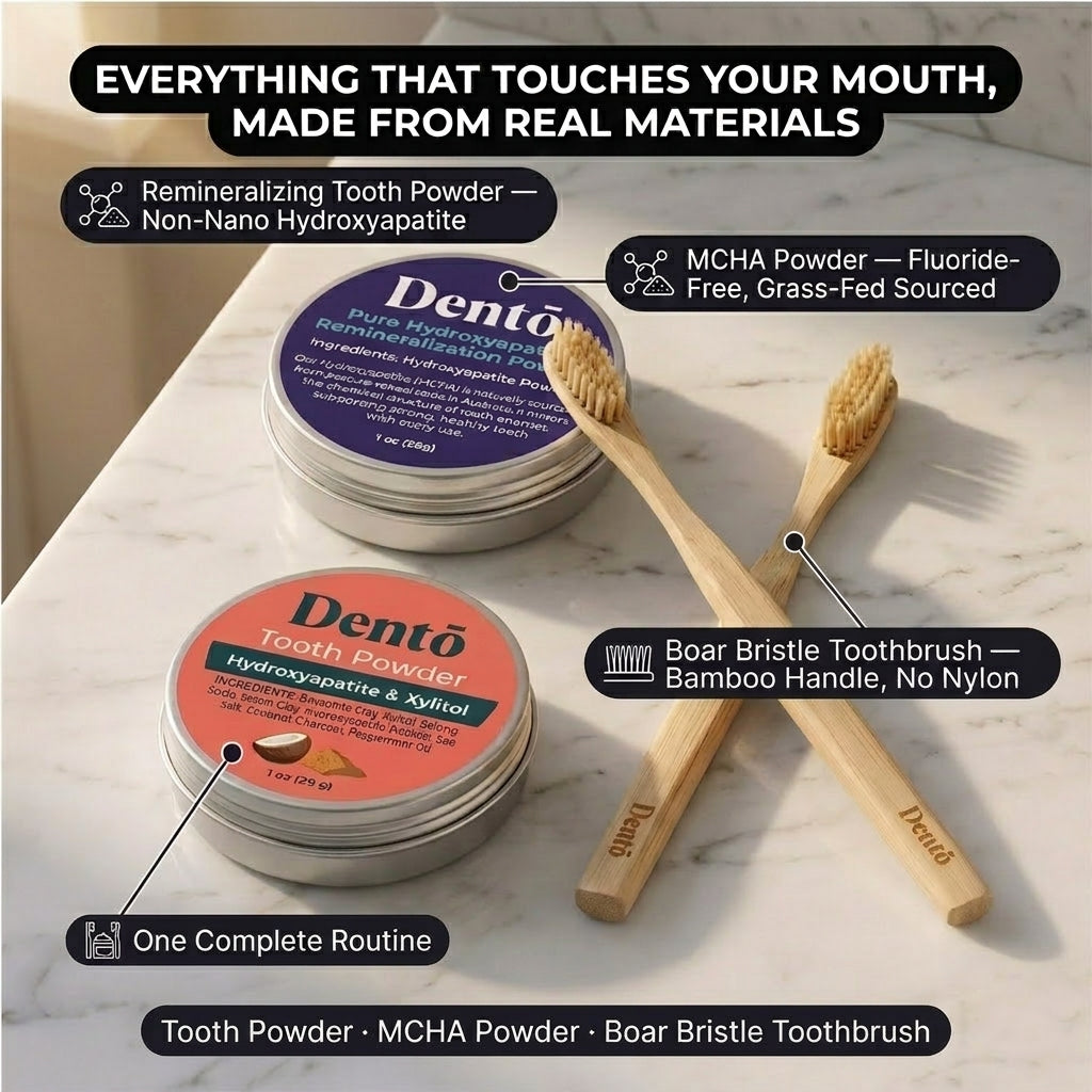Dentō Complete Oral Care Bundle graphic highlighting key features and ingredients.