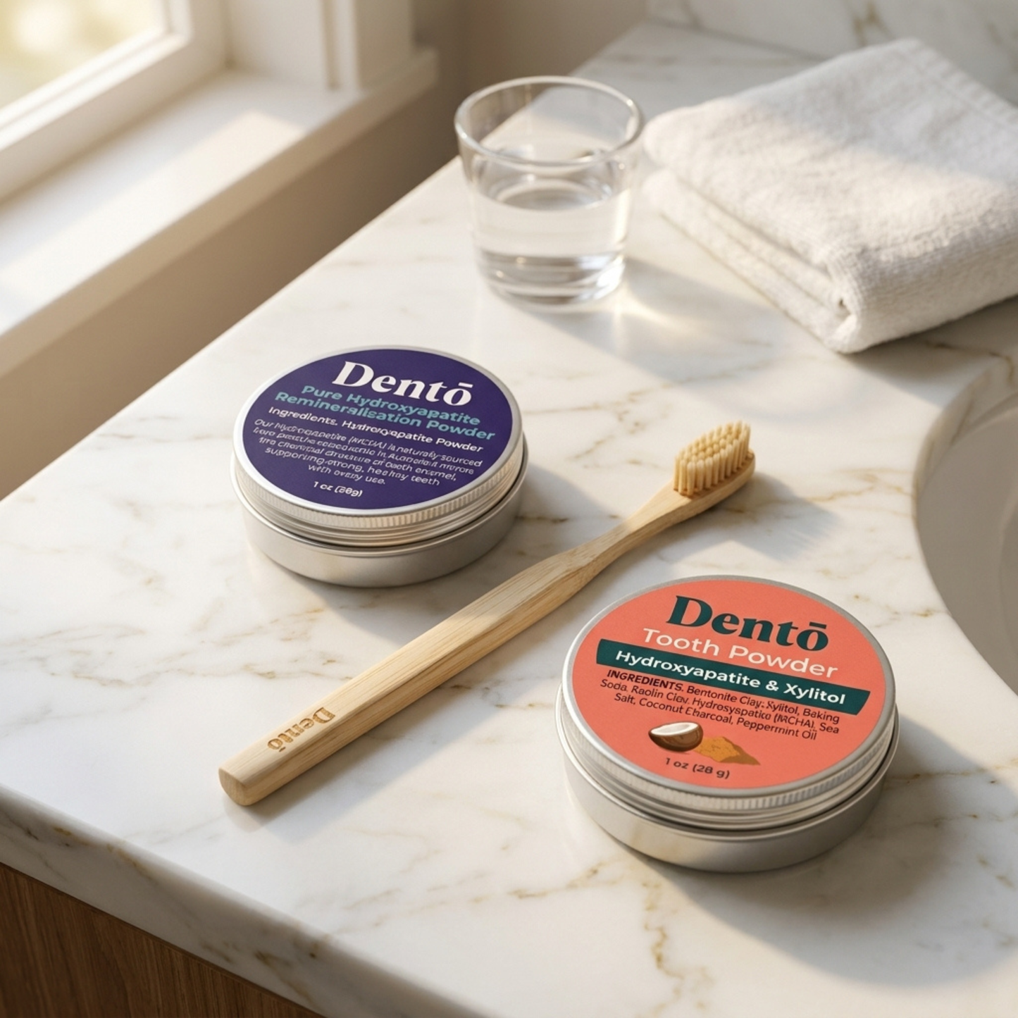 Dentō Complete Oral Care Bundle shown in a lifestyle setting as part of a daily oral care routine.