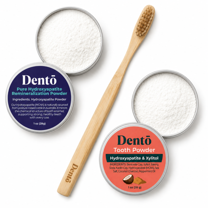 Dentō Complete Oral Care Bundle shown open, displaying the tooth powder, MCHA powder, and boar bristle toothbrush included.