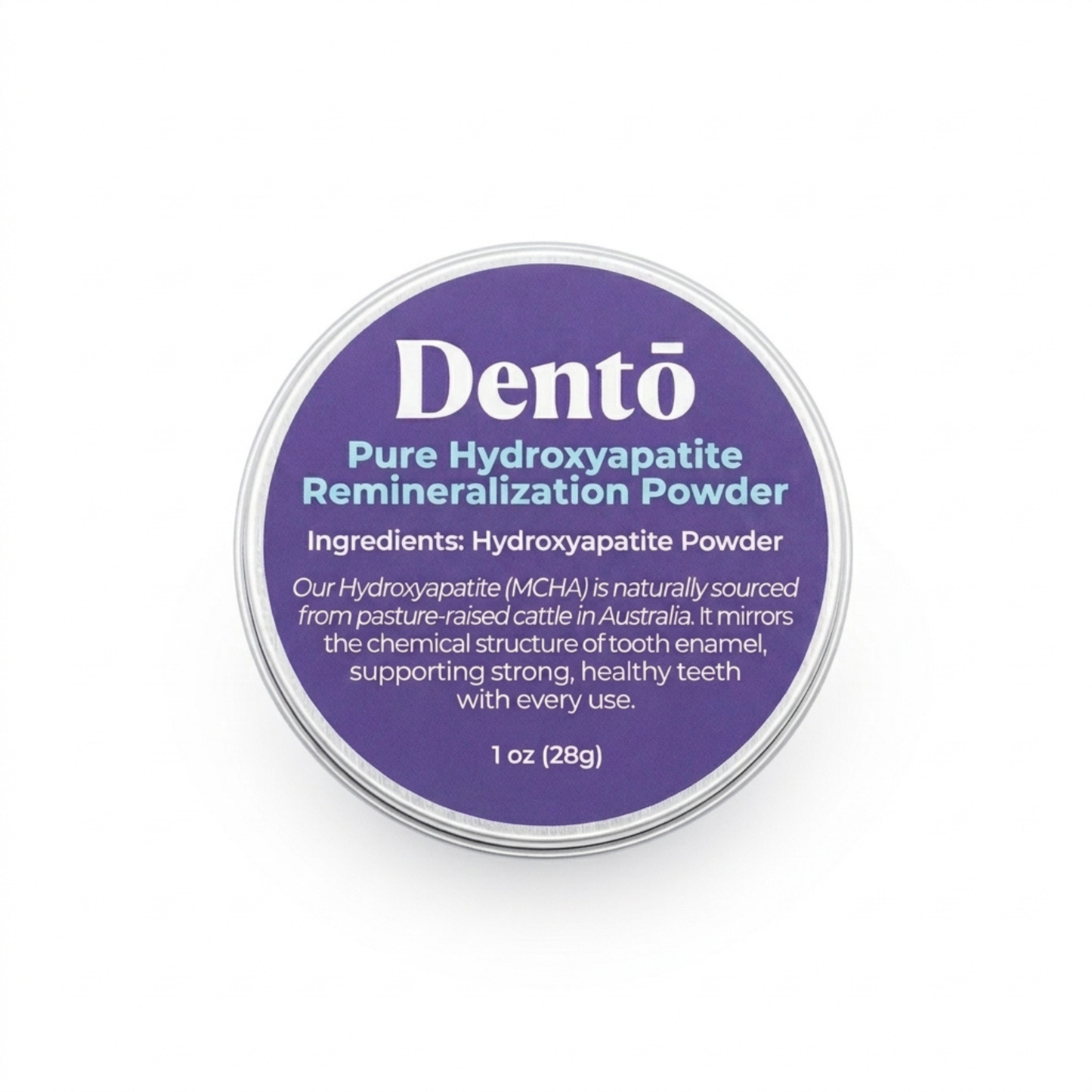 Dentō Hydroxyapatite Powder 1oz jar, closed lid, front view.