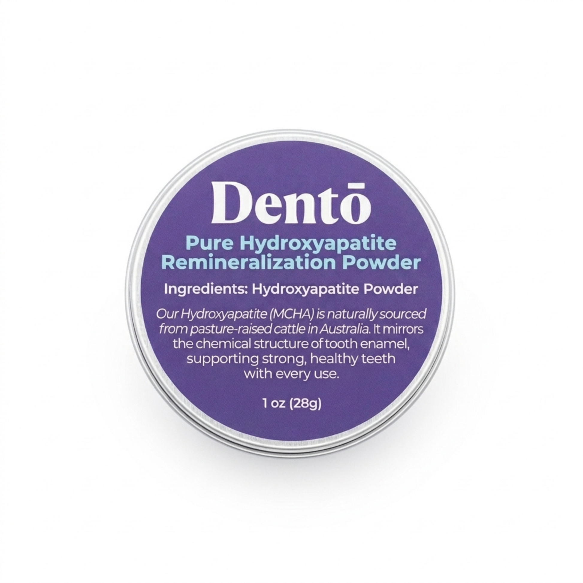 Dentō Hydroxyapatite Powder 1oz jar, closed lid, front view.