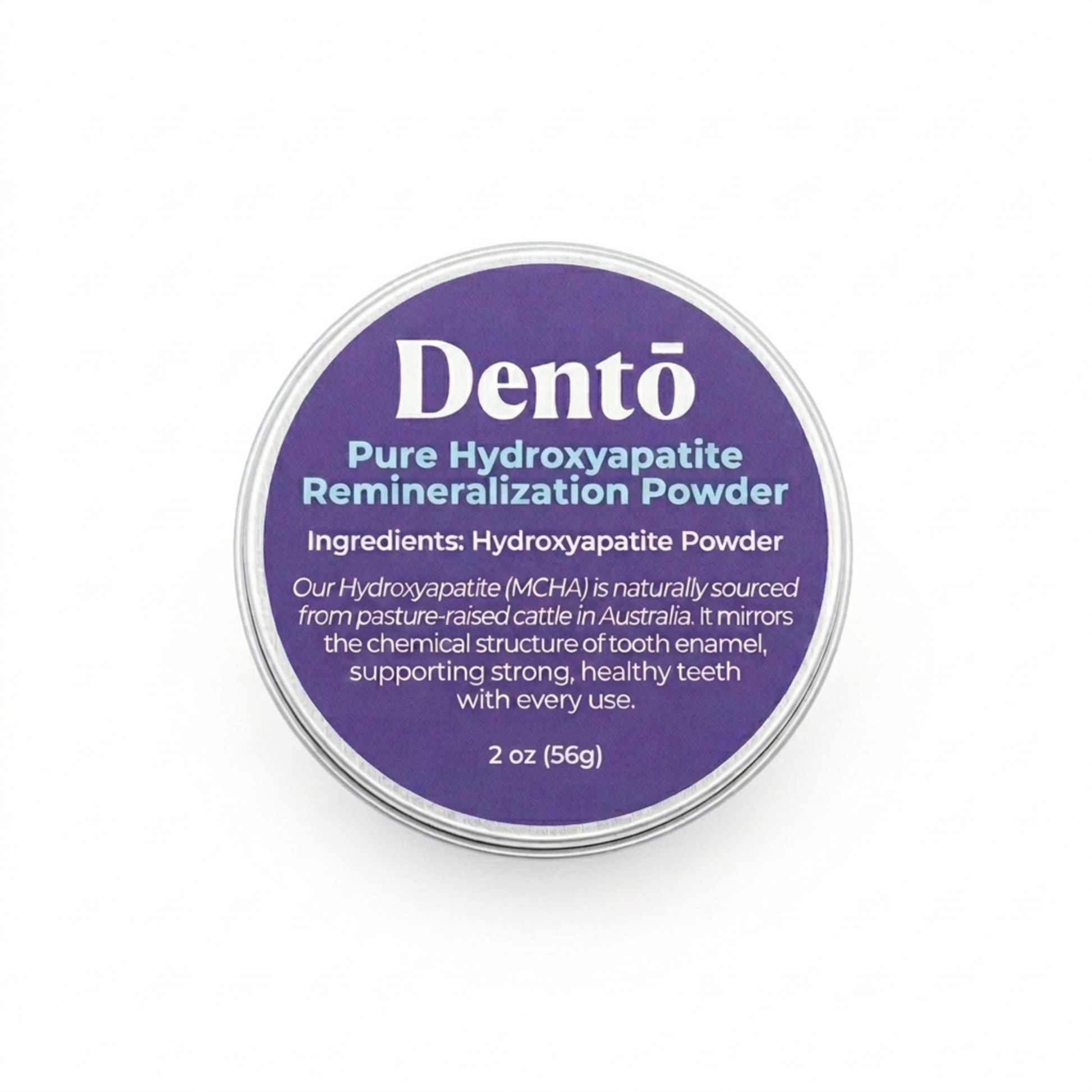 Dentō Hydroxyapatite Powder 2oz jar, front view.