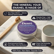Dentō non-nano MCHA hydroxyapatite powder tin with callouts: fluoride-free, pharmaceutical grade with zero fillers, and grass-fed Australian cattle source