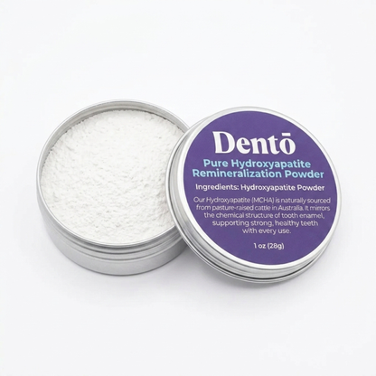 Dentō Hydroxyapatite Powder jar shown open, revealing the fine white remineralizing tooth powder inside.
